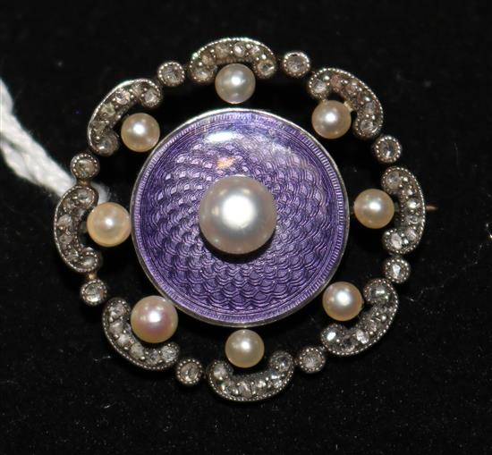 An Edwardian gold and silver, pearl, diamond and guilloche enamel circular brooch, 1in.